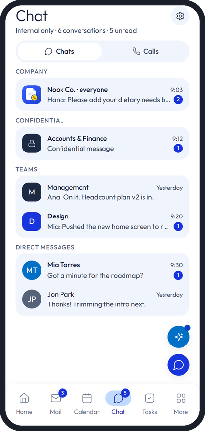 Nook chat list with company, confidential, team and direct chats (example data)
